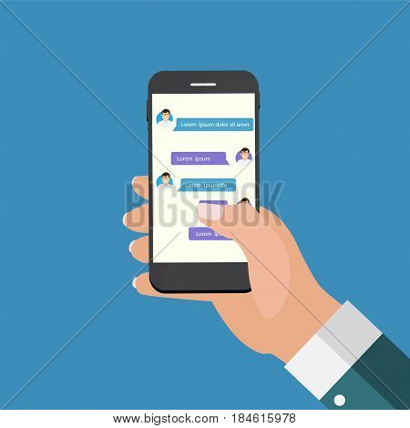 Mobile Apps Concept Hand Holding Phone. Social network concept. Abstract  Messenger Wndow with Chating and Message Chat Boxes. Vector illustration. EPS10
