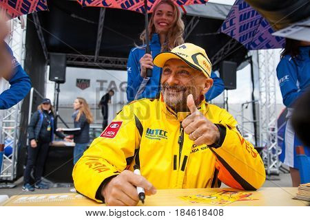 Moscow, Russia - 12 June 2016: world championship WTCC at the Moscow Raceway. Gabriele Tarquini team Lada Sport Rosneft greets fans