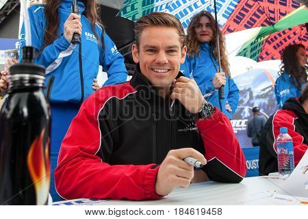 Moscow, Russia - 12 June 2016: world championship WTCC at the Moscow Raceway. Thomas James Tom Chilton from the team of Sebastien Loeb Racing at the autograph session