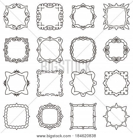 Doodle set hand drawn element for frames, logo, yoga, ethnic design.  16 items. Vector illustration.