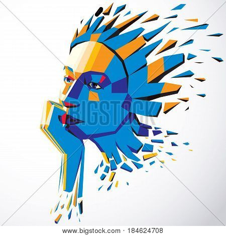Face of a thinking woman created in low poly style 3d vector human head brain exploding which symbolizes intelligence and imagination.