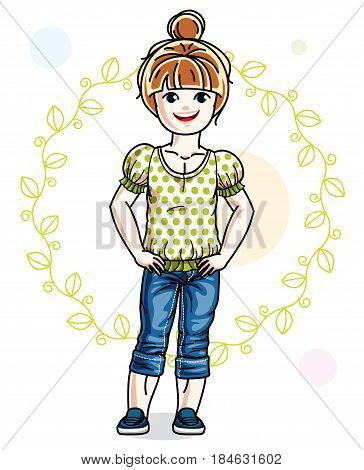 Happy little redhead girl posing on spring background with green leaves and wearing fashionable casual clothes. Vector character.