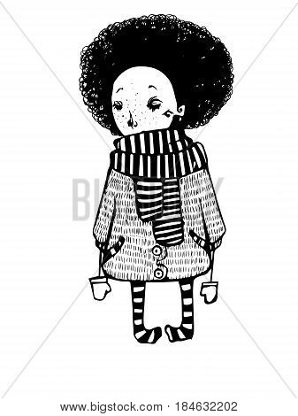 Sad girl with afro in coat polo-scarf and striped pantyhose vector graphics