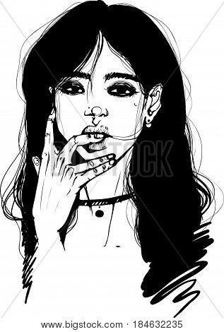 Portrait of a girl with black hair with choker vector graphics