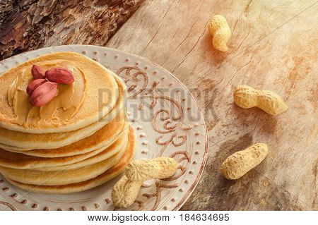 Stack Of Hot Pancakes With Peanut Butter