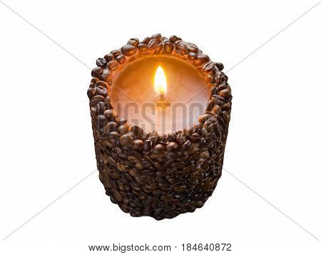Burning Aromatic Coffee Candle And Coffee Beans, Isolated.