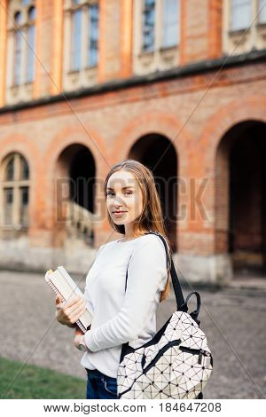 Pretty Gurl With Smile In Campud Of University Student Portrait