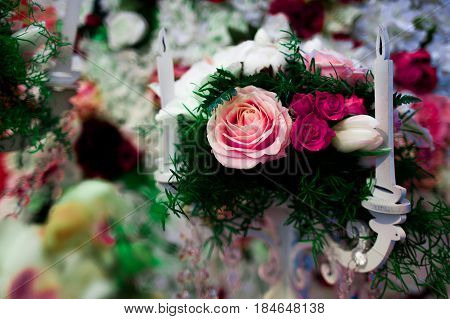 wedding decorated bouque standing on the table