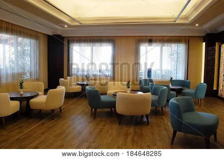 Belek Turkey - June 01 2015: Stylish interior of hall in Belconti hotel.