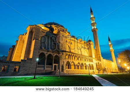 Night shot of Suleymaniye Mosque an an Ottoman imperial mosque located on the Third Hill of Istanbul Turkey and the second largest mosque in the city. built in 1557 designed by architect Sinan
