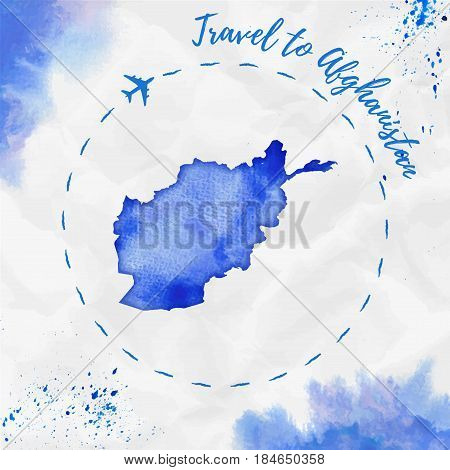 Afghanistan Watercolor Map In Blue Colors. Travel To Afghanistan Poster With Airplane Trace And Hand