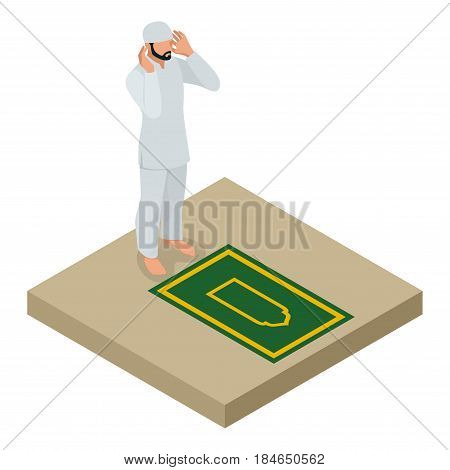 Muslim man prays flat vector isometric illustration on white background.