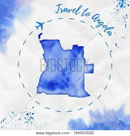 Angola Watercolor Map In Blue Colors. Travel To Angola Poster With Airplane Trace And Handpainted Wa