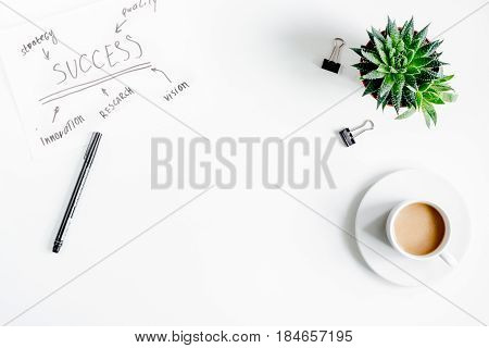 business plan with chart hand-drawn and coffee in management concept on white office table background top view mockup