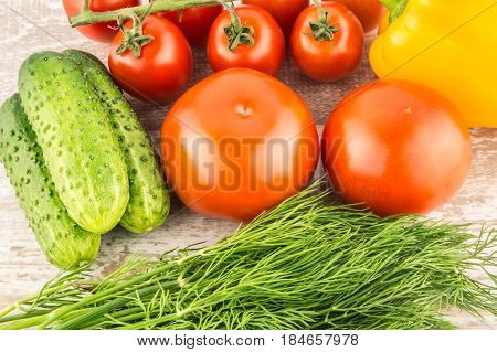 Cucumber, Cherry Tomatoes, Yellow Bell Pepper And Dill. Vegetarian Healthy Food