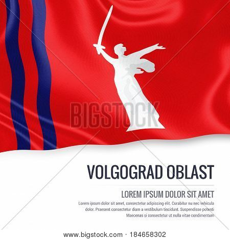 Russian state Volgograd Oblast flag waving on an isolated white background. State name and the text area for your message. 3D illustration.