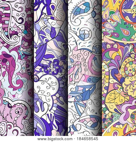 Set Of Tracery Colorful Seamless Patterns. Curved Doodling Backgrounds For Textile Or Printing With