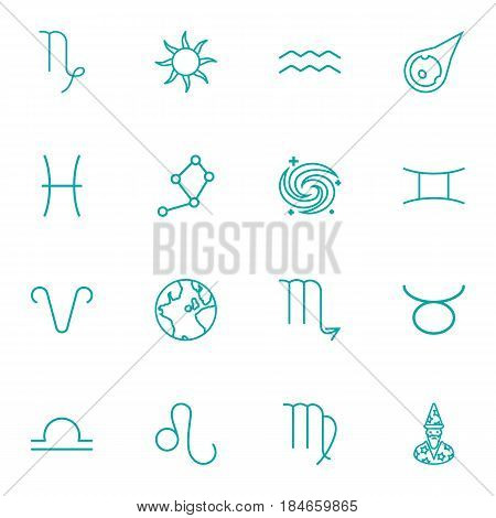 Set Of 16 Galaxy Outline Icons Set.Collection Of Pisces, Galaxy, Taurus And Other Elements.