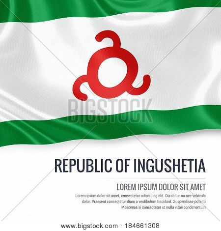 Russian state Republic of Ingushetia flag waving on an isolated white background. State name and the text area for your message. 3D illustration.