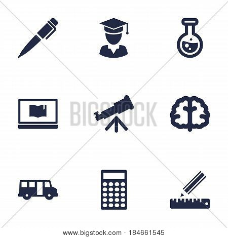 Set Of 9 Science Icons Set.Collection Of School Autobus, Calculate, Pencil And Other Elements.