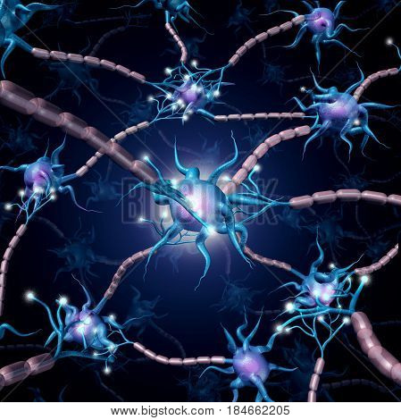 Neuron active cells as a group of neurons communicating with one another as a mental health or neurology concept of the functioning of the brain 3D illustration.