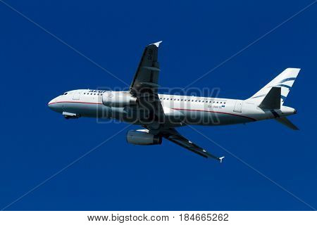 CORFU, GREECE - April 25: An Aegean Airbus charter taking off  in Corfu,Aegean is an airline from Greece with its headquarters in Athens