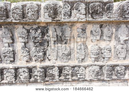 Tzompantli - The Wall of Skulls in Chichen Itza, Mexico