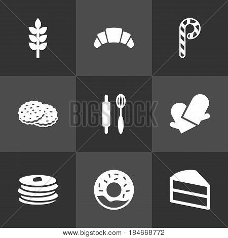 Set Of 9 Bakery Icons Set.Collection Of Striped Lollipop, Shortcake, Potholders And Other Elements.