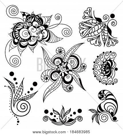 Vector abstract patterns of tattoo henna. Stock mehndi set for design on white background.