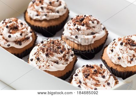 Vanilla cupcakes with mocha buttercream and chocolate decorations