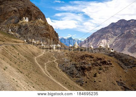 A lot of little stupa on the mountain in Zanskar Valley Padum Ladakh Jammu and Kashmir India.