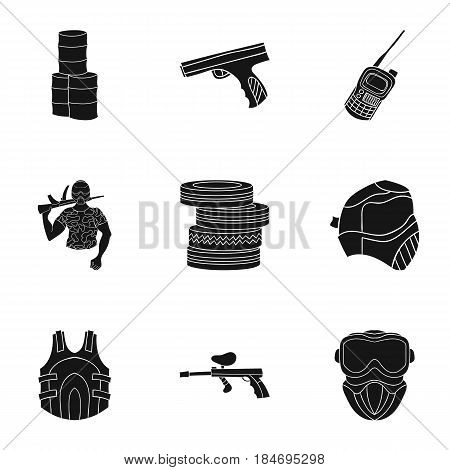 A collection of pictures about the game in paintball. The balloons with paint.Paintball icon in set collection on black style vector symbol stock web illustration.