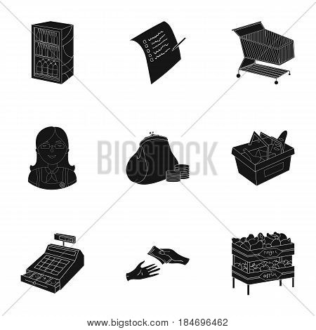 Supermarket, shopping in the store. A selection of pictures on the topic of shopping.Supermarket icon in set collection on black style vector symbol stock web illustration.