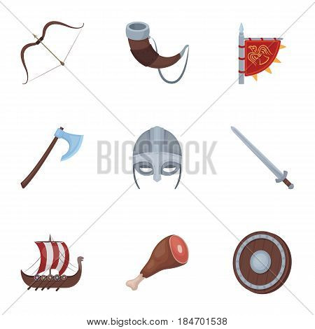 Ancient warriors of the Vikings on the ship. Outfit and symbols of the Vikings.Vikings icon in set collection on cartoon style vector symbol stock web illustration.