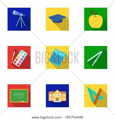 Set of pictures about the school. Study training. Supplies for school.Outfit of the student. School and eduacation icon in set collection on flat style vector symbol stock web illustration.