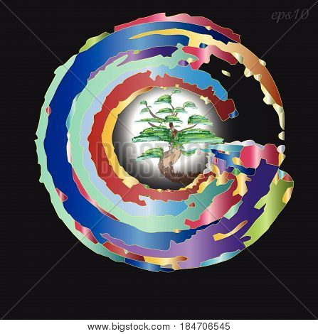 Emblem or logo tree in a circle
Abstraction style art modern emblem or symbol tree with crown inside large circle moon shining behind motley pattern stock vector illustration