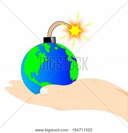 Planet bomb on palm of the person on white