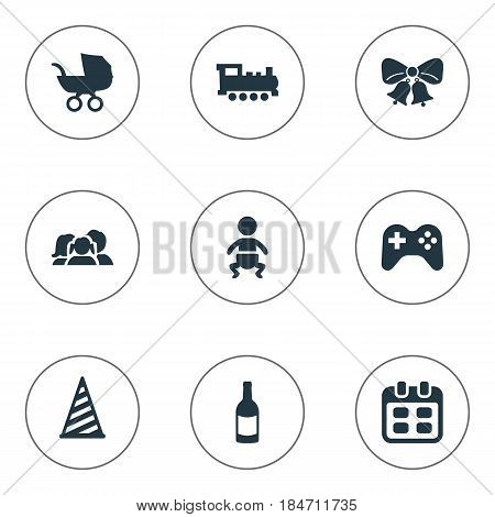 Vector Illustration Set Of Simple Birthday Icons. Elements Resonate, Train, Baby Carriage And Other Synonyms Fizz, Champagne And Cap.