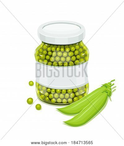 Glass jar with greeen peas and pods. Natural food for safekeeping. isolated white background. Vector illustration.