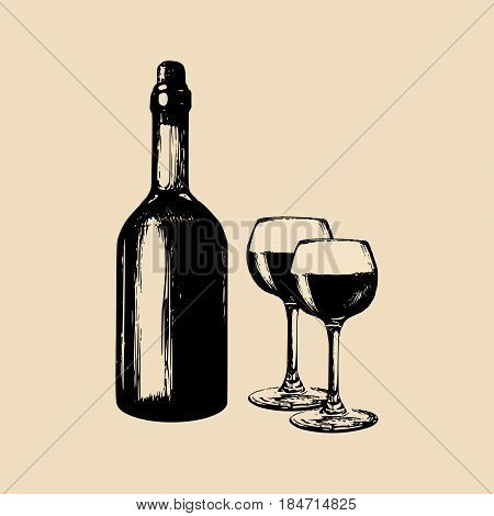Vector illustration of wine bottle and glasses. Hand drawn sketch of vinemaking elements. Alcoholic beverage logo for cafe, bar, restaurant menu.