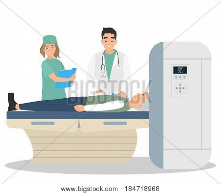 Tomography of human brain in hospital. Patient on reception in the office of a dentist. Vector illustration of a flat design. on white background.