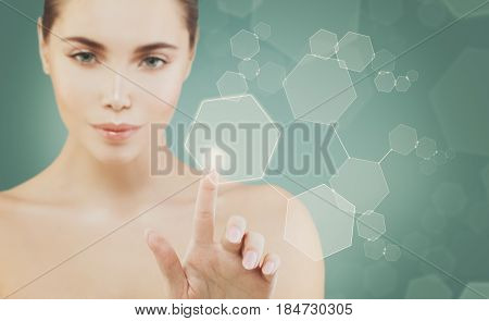 Healthy Model Woman and Virtual Web Display. Medicine Science and Beauty Concept