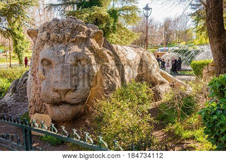 IFRANE,MOROCCO - APRIL 5,2017 - Sculpture of a lion in a park of the city Ifrane in Morocco. Ifrane is a city in the Middle Atlas region of Morocco.