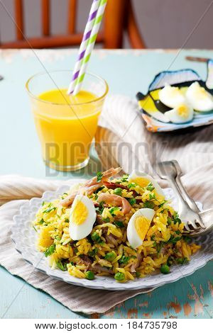Kedgeree with a smoked mackerel. selective focus