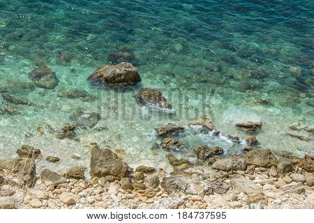 Amazing view on black sea near rocks in hot summer. Vacation summer travel. Black sea Sevastopol Crimea.