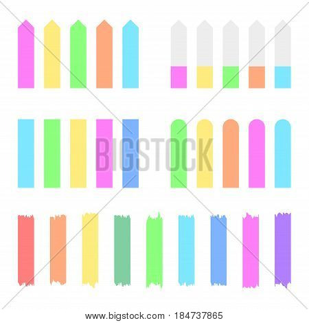A set of multi-colored pieces of sticky transparent tape stickers scotch and bookmarks of various shapes isolated on a white background. Separate pieces of ribbon flat style realistic illustration.