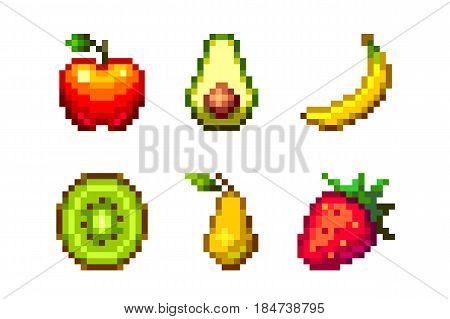 Pixel art vector fruits set 16x16 isolated on white background.