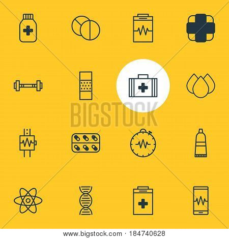 Vector Illustration Of 16 Medical Icons. Editable Pack Of Tube, Round Tablet, Medical Bag And Other Elements.
