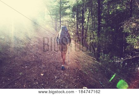 Hiking in famous Lycian Way in the Turkey. Backpacker in the trail.
