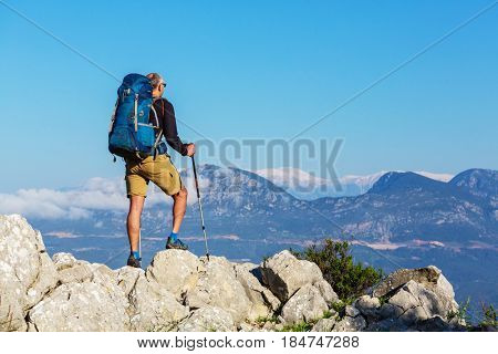 Hiking in famous Lycian Way in the Turkey. Backpacker in the trail.